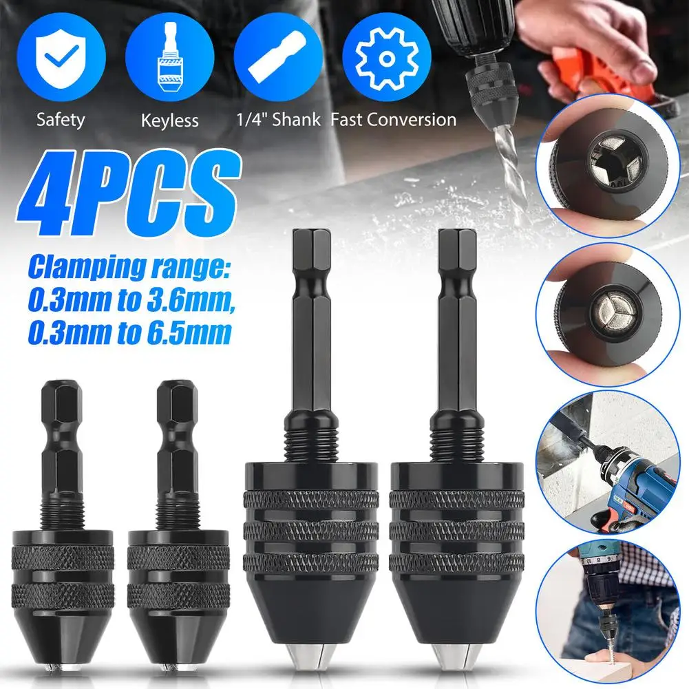 

4pcs Electric Screwdriver 0.3-3.6/6.5mm Keyless Drill Chuck 1/4 Inch Hex Shank Keyless Drill Chuck Durable Chuck Tool