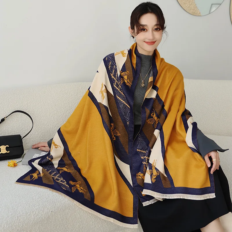 

2022 Barnd Winter Cashmere Scarf Lady Design Neck Warm Pashmina Blanket Horse Print Scarves Women Shawl Female Thick Foulard