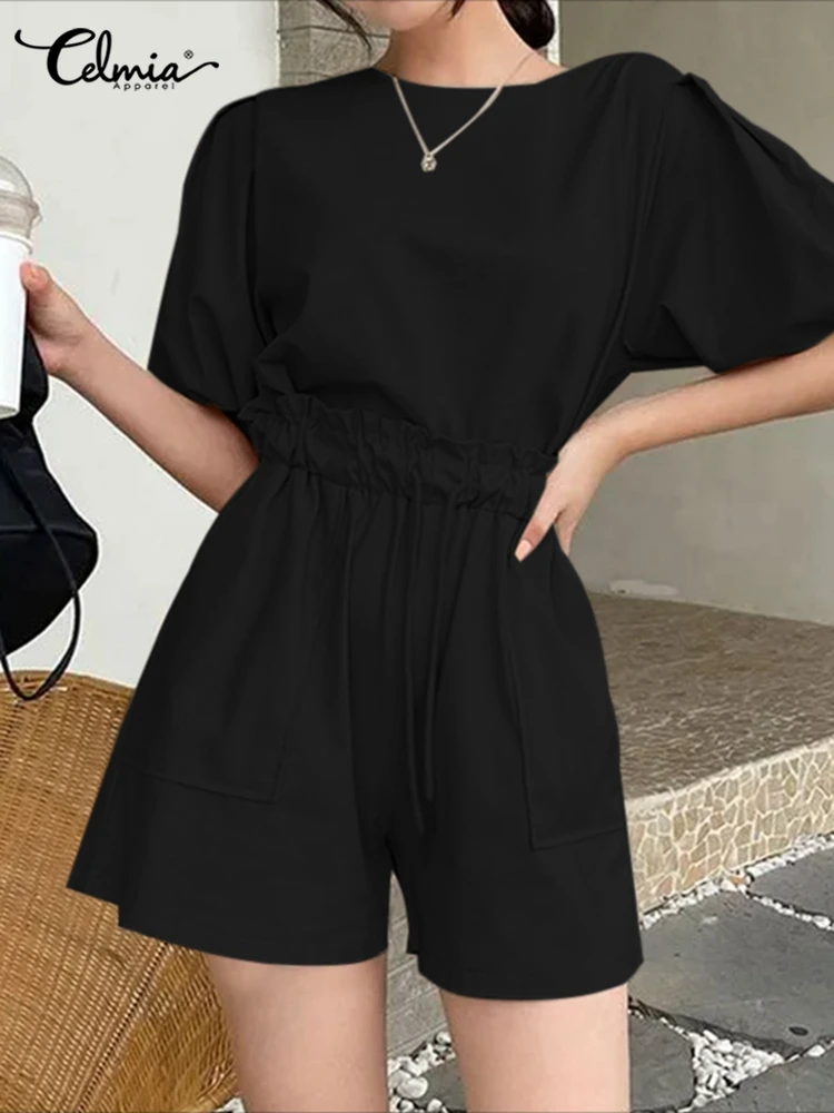 

Celmia Korean Style Sets Fashion Women Solid 2 PCS Short Sets Puff Sleeve O Neck Tops and Pockets Bandage Leisure Shorts Suit