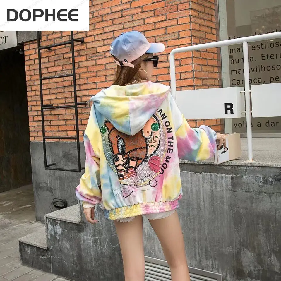 

Trendy 2022 New Spring Autumn Zip Long Sleeve Cardigans Coat Tie-dye Back Cartoon Diamond Mid-long Hooded Sweatshirt Tops
