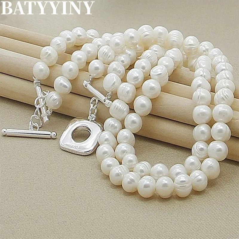 

BATYYINY 8mm Double White Natural Pearls Chain Necklace 925 Sterling Silver For Women Wedding Engagement Fashion Charm Jewelry
