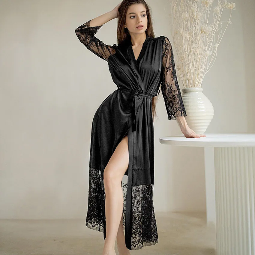 

Long nightgown sexy lace stitching pajamas fashion bathrobe ladies home wear robes for women