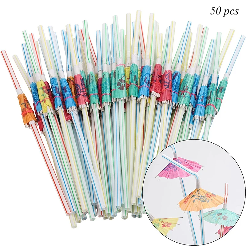 

50pcs Umbrella Cocktail Drinking Disposable Straws Hawaii Party Juice Parasols Straws For Bar Summer Home Decor