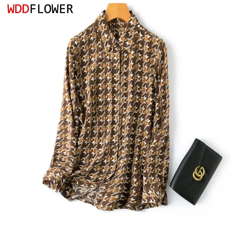 

Women Silk Shirt 100% Mulberry Crepe Silk Coffee Graffiti Printed Long Sleeve Office Lady Top Blouse M L XL MM821