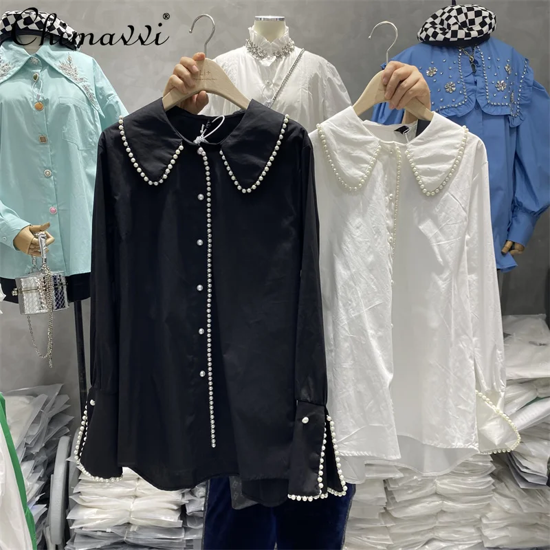 

Новинка 2022, модная блузка в Корейском стиле на раннюю весну с отворотами и бисером, женская элегантная рубашка с длинным рукавом, простой ми...