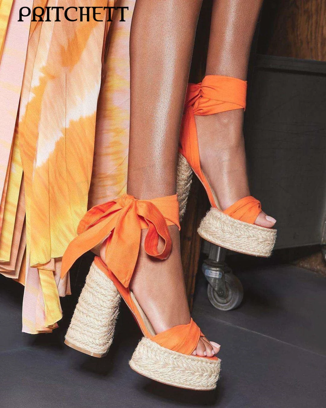 Orange Braided Chunky Heel Platform Sandals Round Toe Open Toe Ankle Silk Strap High Heel Sandals Fashion Party Women's Shoes