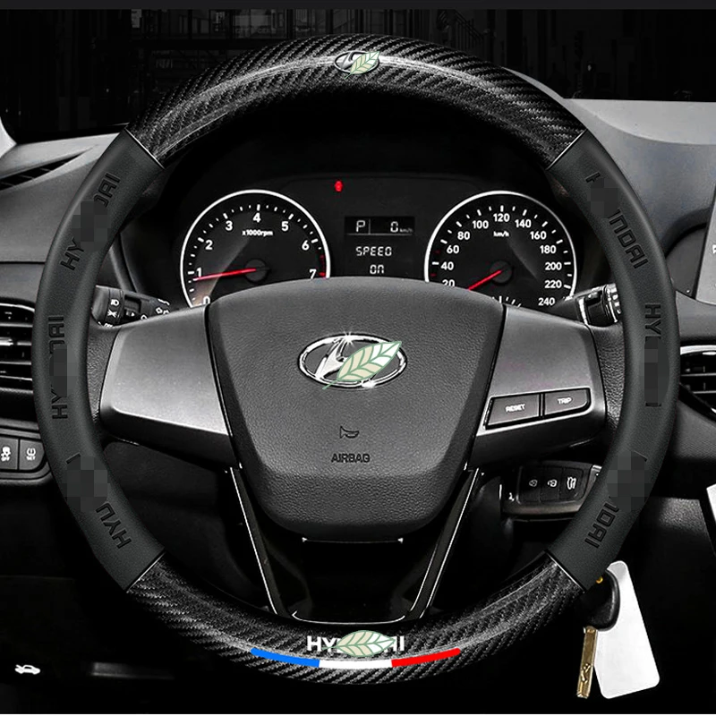 

3D Font Carbon Fiber Leather Car Steering Wheel Cover 37-38cm Fits for Hyundai I20 I30 IX35 I35 Solaris IX45 ELANTRA HB20 2022