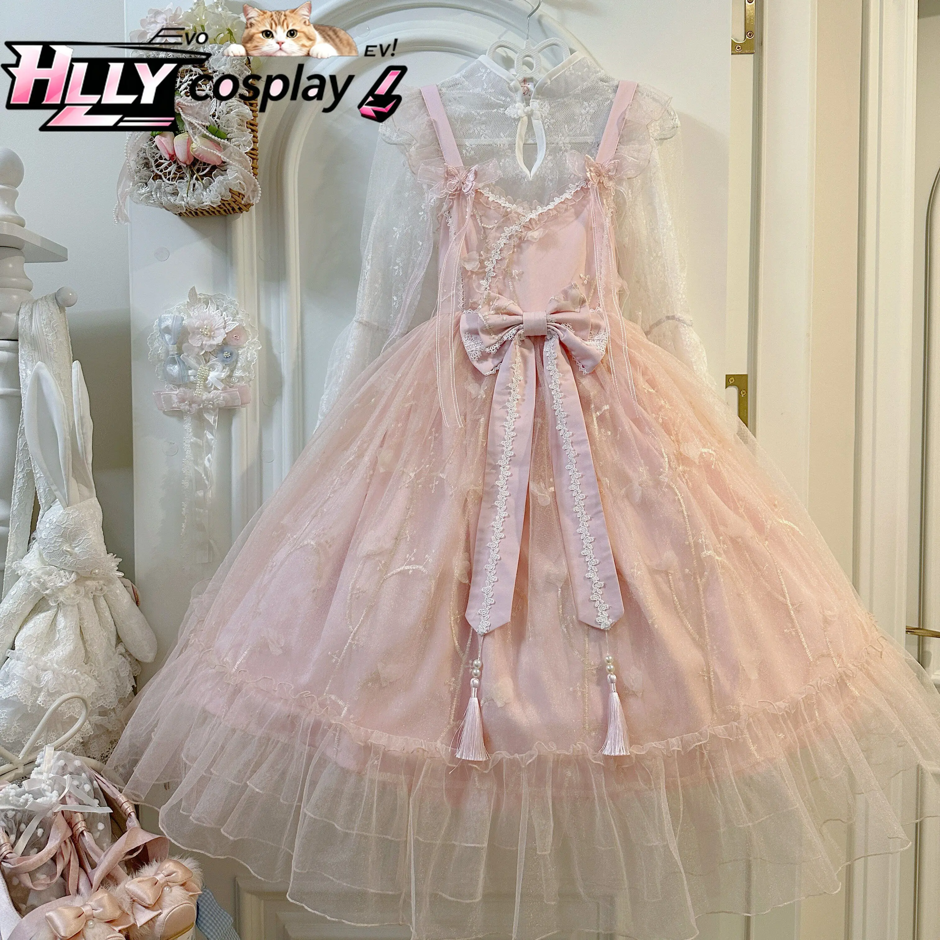 Новое оригинальное платье JSK в китайском стиле Sweet Lolita для женщин и девушек, розовое, синее, многослойное, с кружевом, оборками, бантом на талии, на бретельках, весна-осень (art.: 3920daec89259) - 3920daec89259