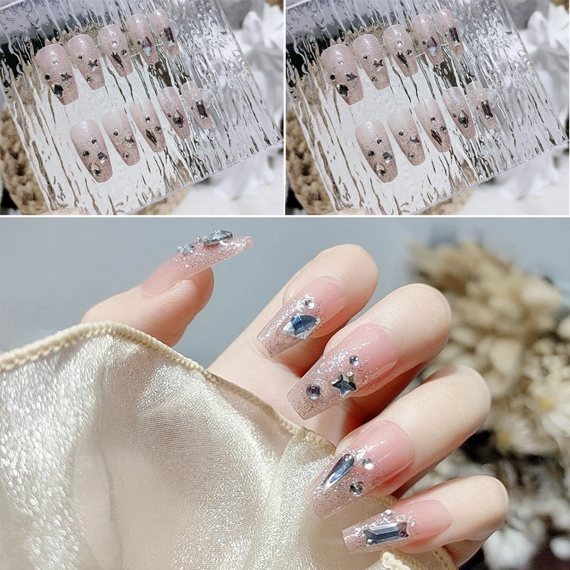 

24PCS Long Press On Nails Sweet Style Fake Nail Rhinestone Star Artificial Nails B99