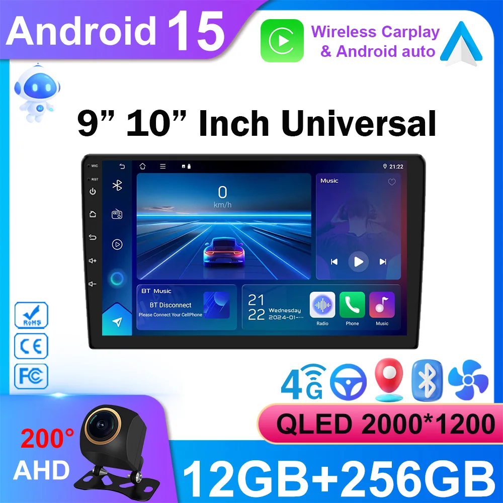 Фото 2 Din Android 15 Автомобильный радиоприемник Carplay Android Auto 9 10-дюймовый универсальный мультимедийный плеер GPS Navi Авторадио Wi-Fi 8-ядерный стерео RDS №1