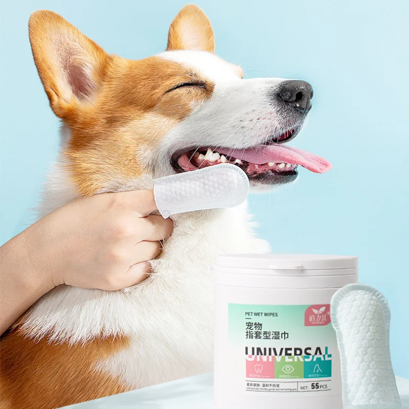 

55pcs Pet Dog Cat Teeth Cleaning Finger Wipes Cleansing Teeth Ear Eyes Wipes Pet Grooming Wet Wipes Cat Hygiene Wipes