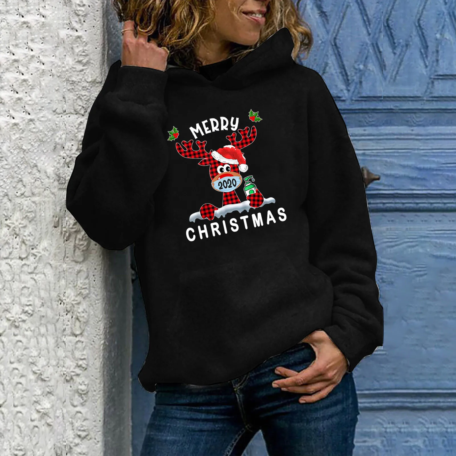 

Женский пуловер с длинным рукавом и капюшоном, с рождественским принтом