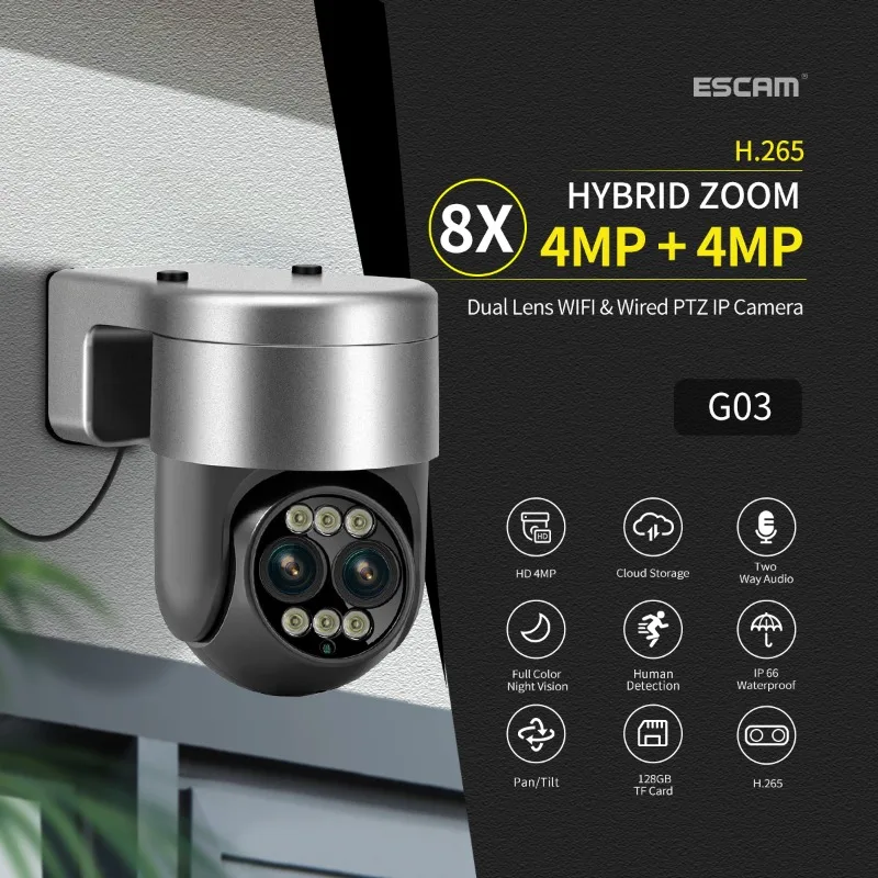 

ESCAM G03 Binocular lens Dome Camera Dual Night Vision Wireless wifi Two-Way Voice Humanoid Tracking Alarm Waterproof Camera