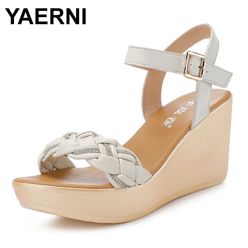 

2023 New Rhinestone Genuine Leather Weave Summer Open Sandals Women Leather Sandals Large Size Platform Wedges Sandals Black