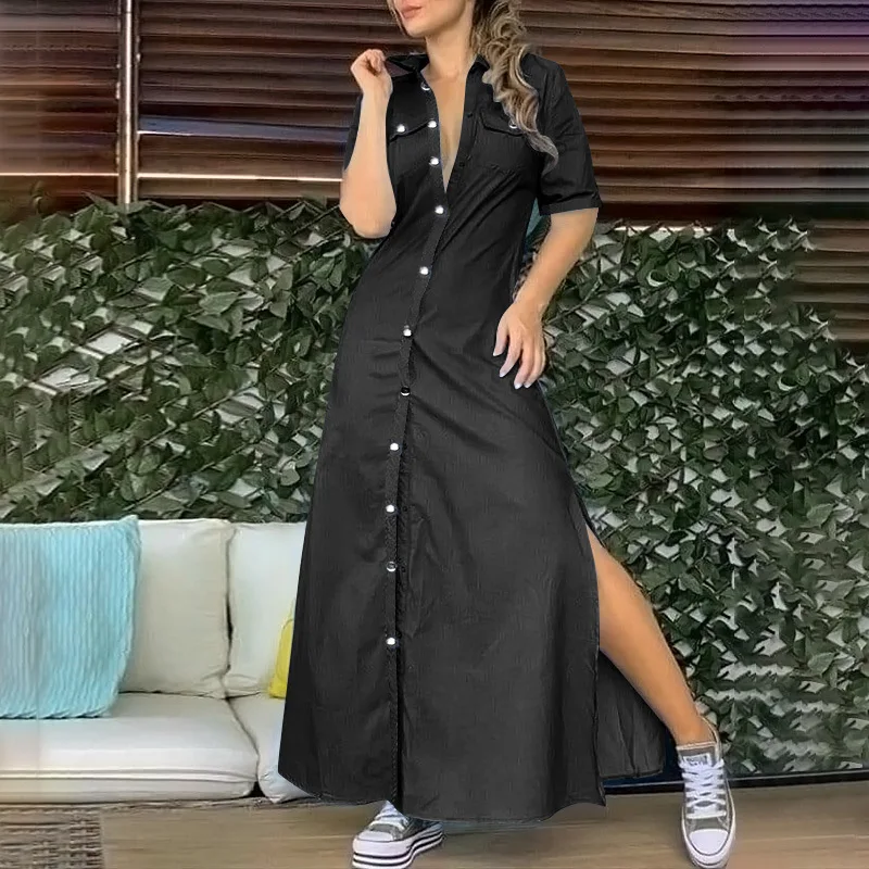 

Vintage Solid Short Sleeve Denim Dress Summer Fashion Single Breasted Slit A-line Long Dresses Women Elegant Maxi Beach Sundress