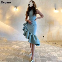 eeqasn blue midi evening dresses 2022 sheath asymmetrical ruffles simple prom dress formal party gowns saudi arabic women outfit