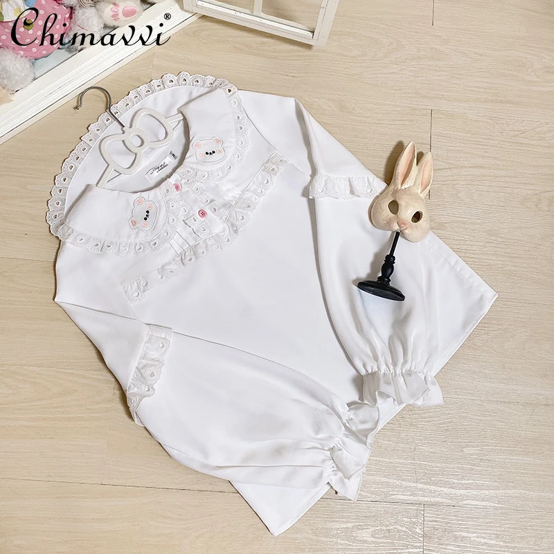 Японская хлопковая рубашка с вышивкой медведя для девочек кукольный воротник