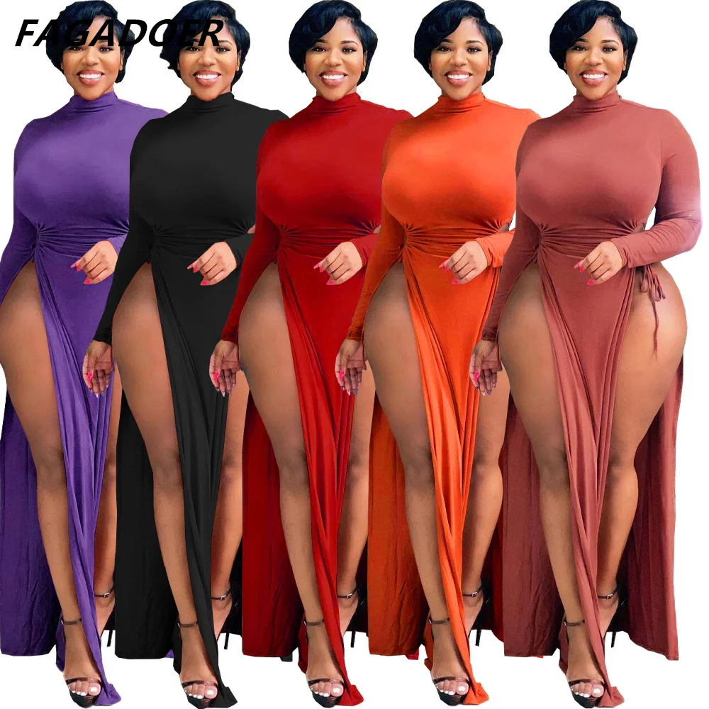 

FAGADPER Long Sleeve Solid Dress Elegant Side High Slit Party Sexy Drawstring Hollow Waist Turtleneck Dresses For Women 2022