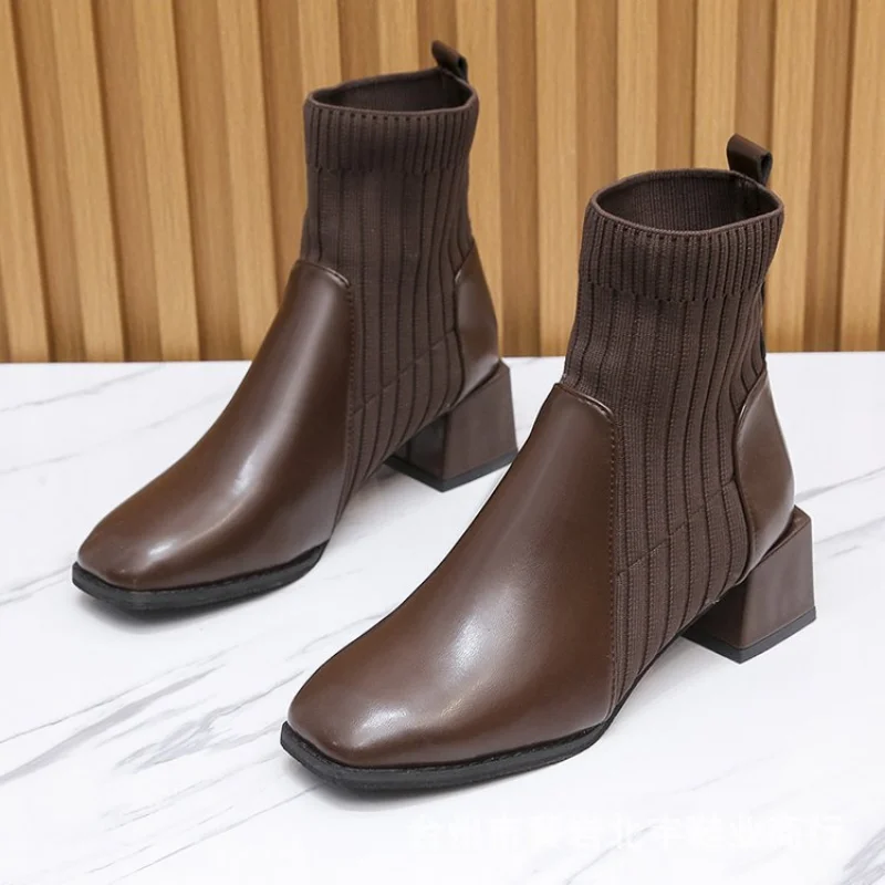 New Short Boots Women Fashion Stitching Knitted Stretch Boots Retro Square Casual Mid Heel Women Shoes Socks Shoes Stretch Boots