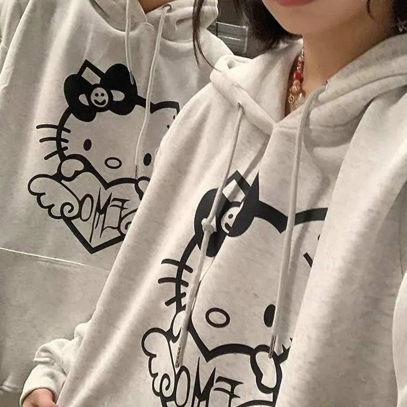 

Kawaii Sanrio Anime Hello Kitty Cotton Hoodie Cute Cartoon Sweet Grey Retro Thickening Loose Street Hooded Fallow Gift for Girls
