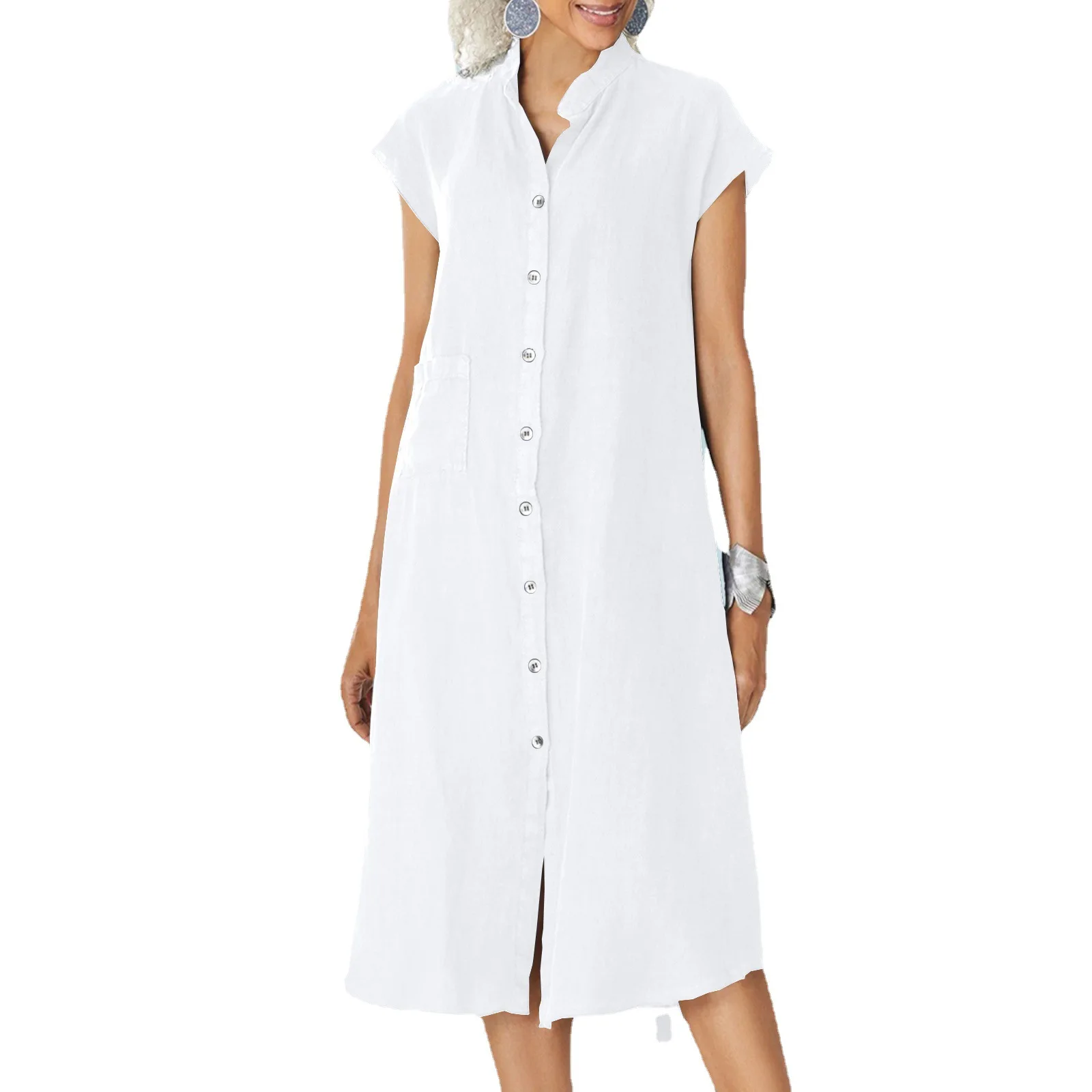 2023 New Casual Large Size Cotton and Linen Dress Short Sleeve Solid Cardigan Stand Collar Single Breasted Pocket Y2K
