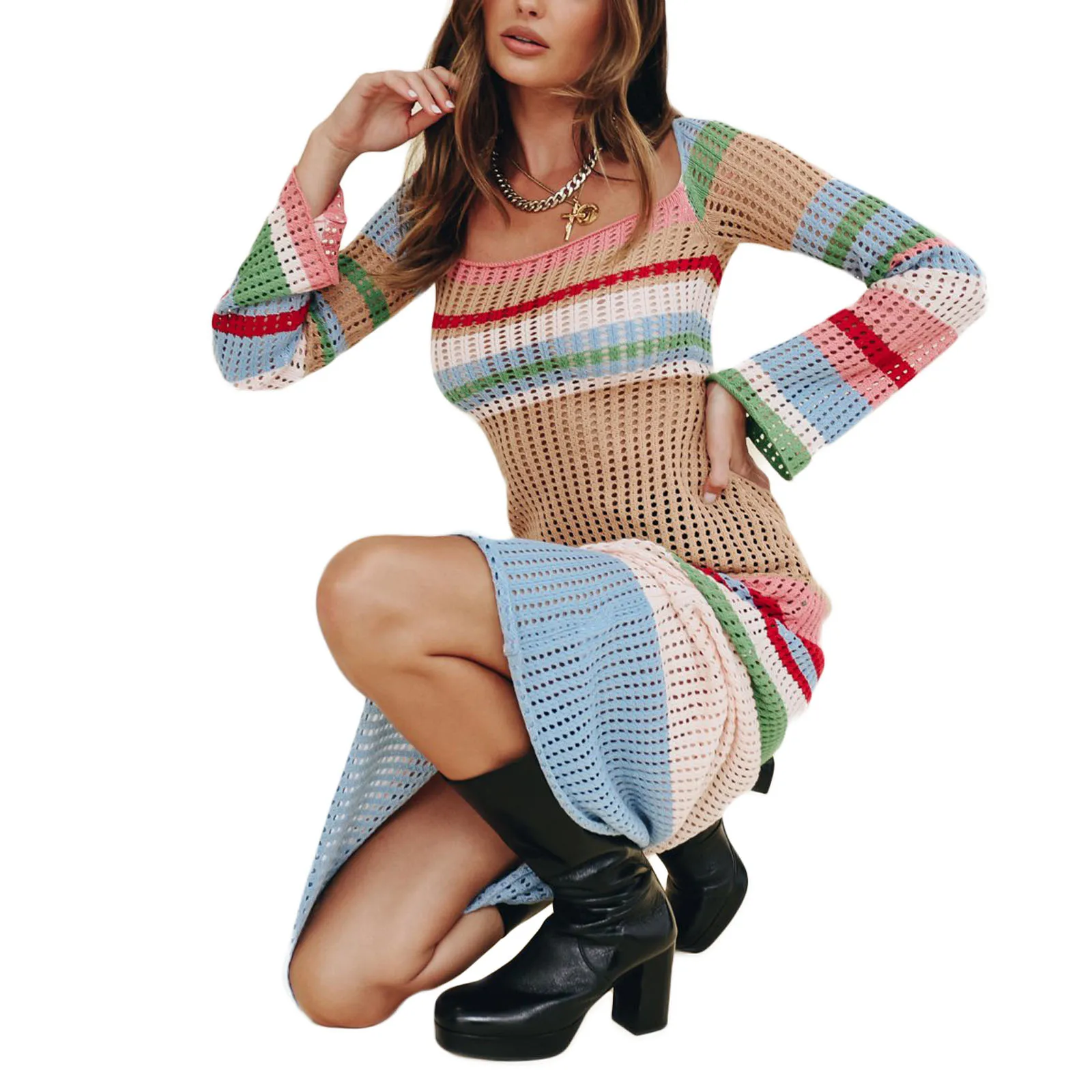

Women Knitting Stripes Dress Long Sleeve See-Through Mesh Loose Striped Slimming Fall Summer Midi