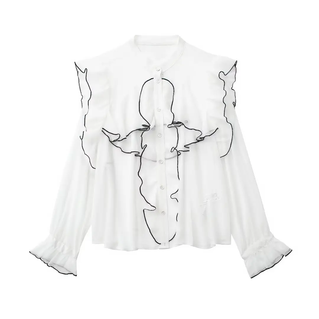 

Women 2023 spring New Sweet Fashion Laminated decorative translucency Blouses Vintage Long Sleeve Ruffled Female Shirts Tops