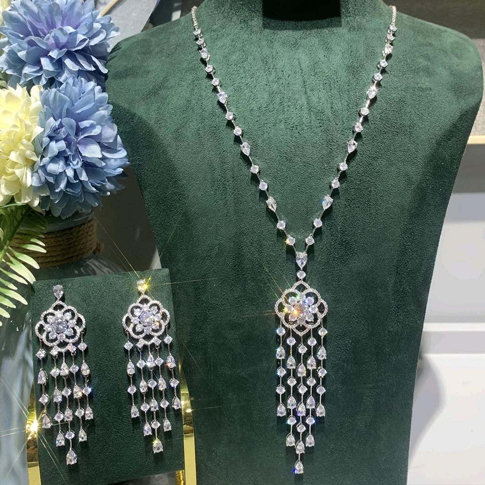 

TIRIM Long Necklace Set for Women's Cubic Zirconia Bridal Jewelry Trendy Sweater Necklace Sparking Brilliant Wedding Accessories