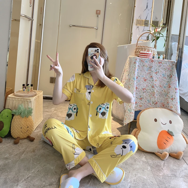 

Summer Pajamas Women's Short-Sleeved Trousers Cardigan Korean Style Sweet and Fresh Student Homewear Short Long Yellow Strawberr