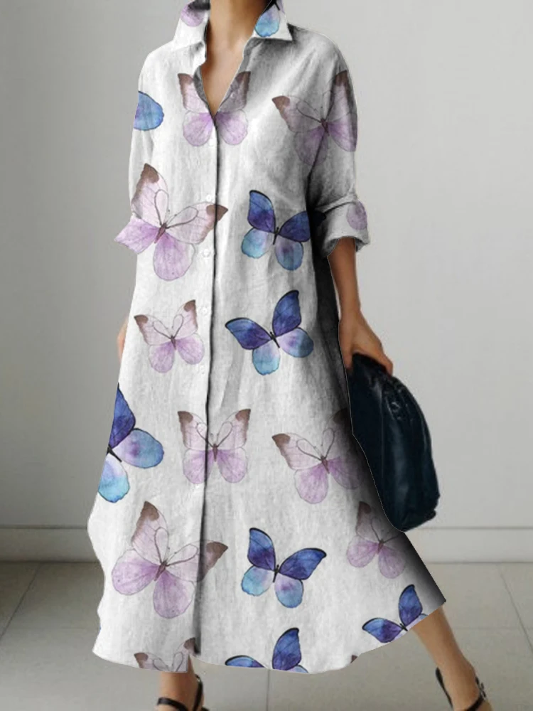 Женские платья на пуговицах с принтом бабочки рубашка отложным воротником и
