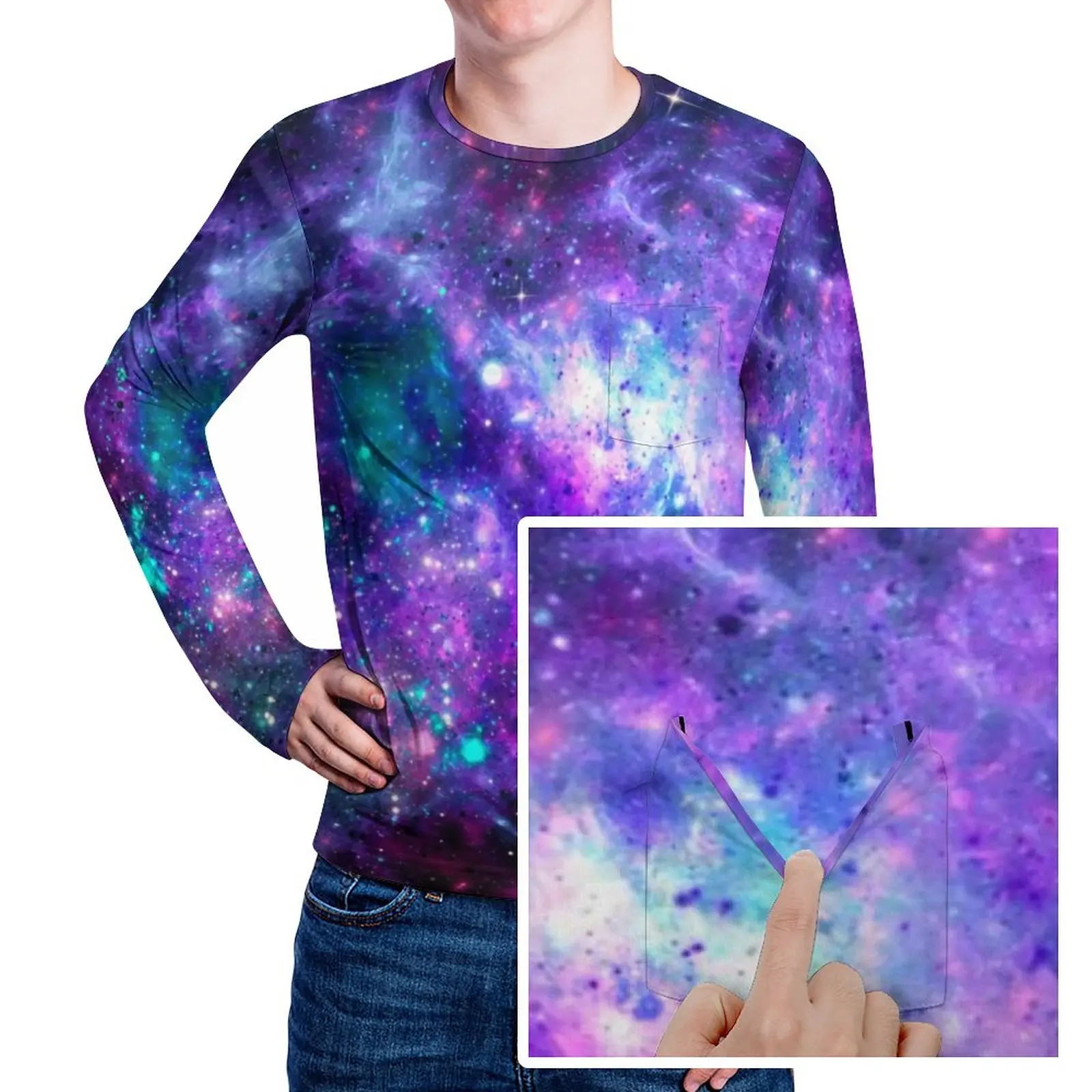 

Fantasy Galaxy Star T Shirt Men Cosmic Space Purple Teal Casual T Shirts Spring Vintage Tees Long Sleeve Custom Oversize Tops