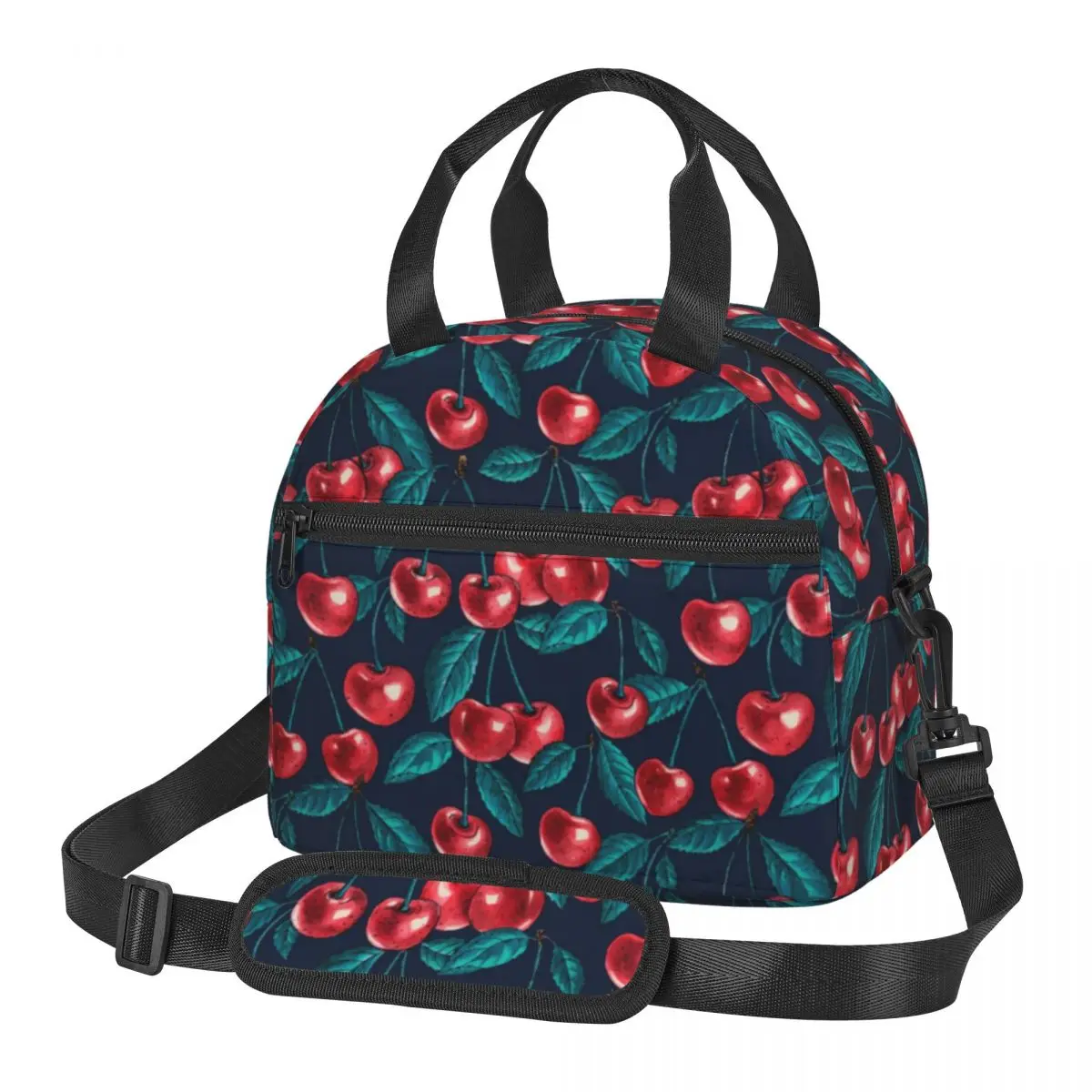 

Sweet Fruit Lunch Bag with Handle Red Cherries Leaves Print Cooling Cooler Bag Office Elegant Meal Thermal Bag