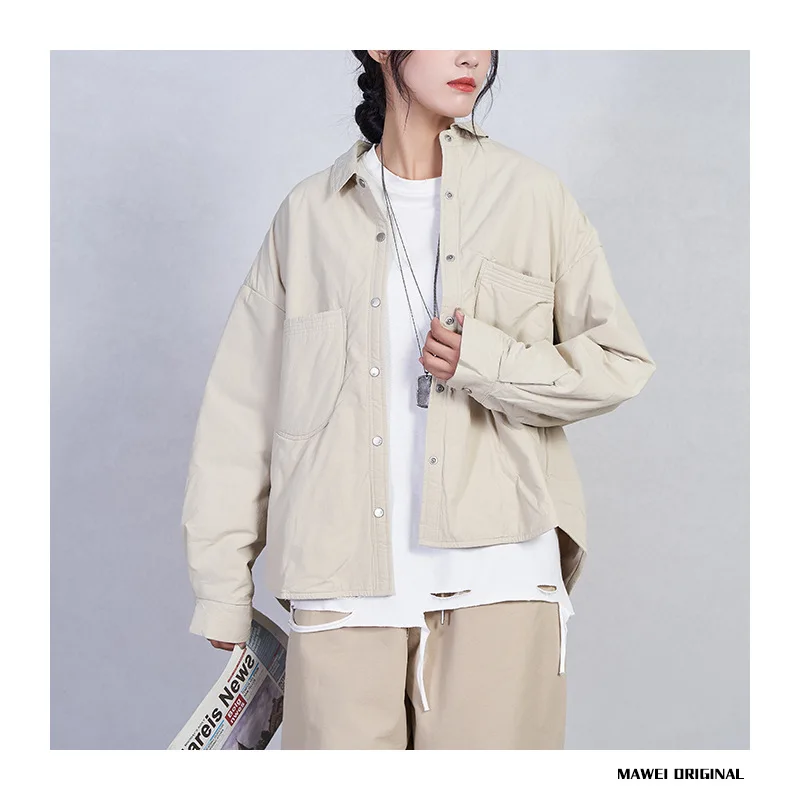 Winter Cotton Clothes Design Sense Female Apricot Color Cotton Lapel Warm Cotton Single-Breasted Cotton Jacket Female Models