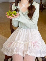 kawaii mini skirt for women 2022 summer white preppy style sweet cute bow ruffles patchwork short skirt japanese lolita