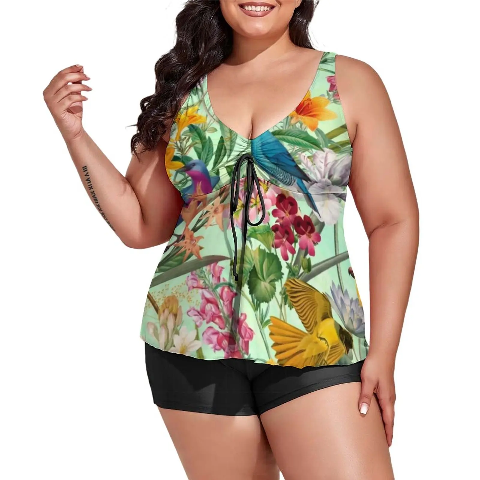 

Colorful Bird Print Tankini Swimsuit Tropical Paradise Floral Two-Piece Sport Swimwear Woman Stylish Bathing Suits Beach Outfits