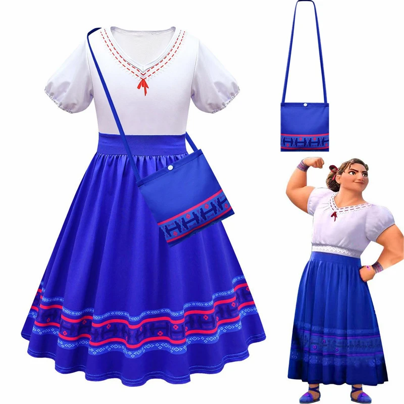 

Anime Movie Encanto Madrigal Cosplay Costume Luisa Kids Clothes Girls Princess Fancy Carnival Hallowee Dresses Bag Suit