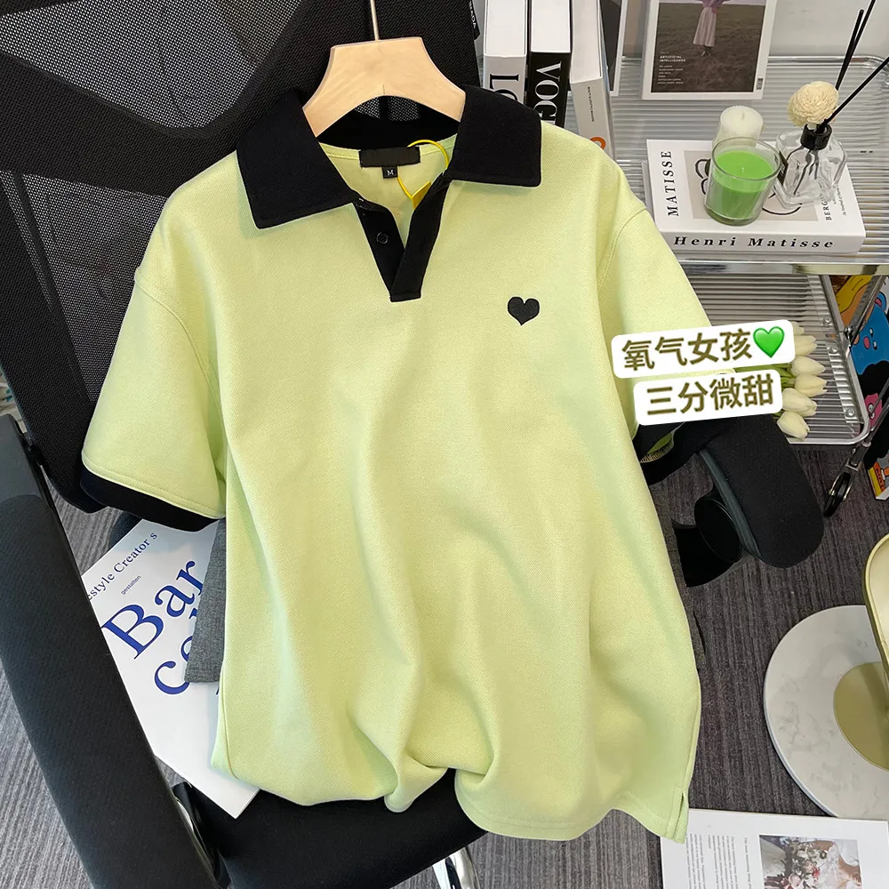 

Summer New Heart Flower Print Women's T-shirt Casual Tone Polo Collar Green Shirt Short Seeve Love Pattern