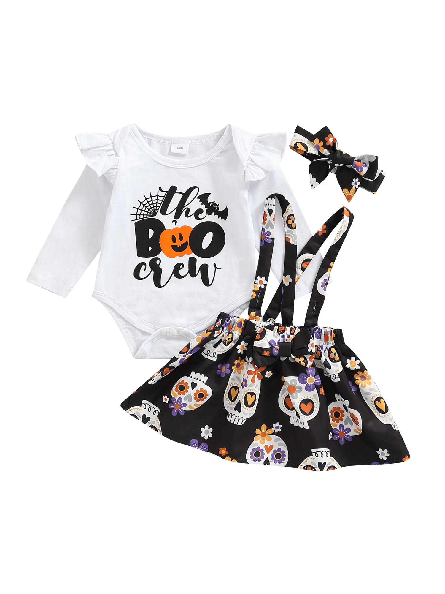 

Костюм для новорожденных девочек: короткая юбка, комбинезон с длинным рукавом и надписью, юбка на бретелях с рисунком черепа, милый комплект...