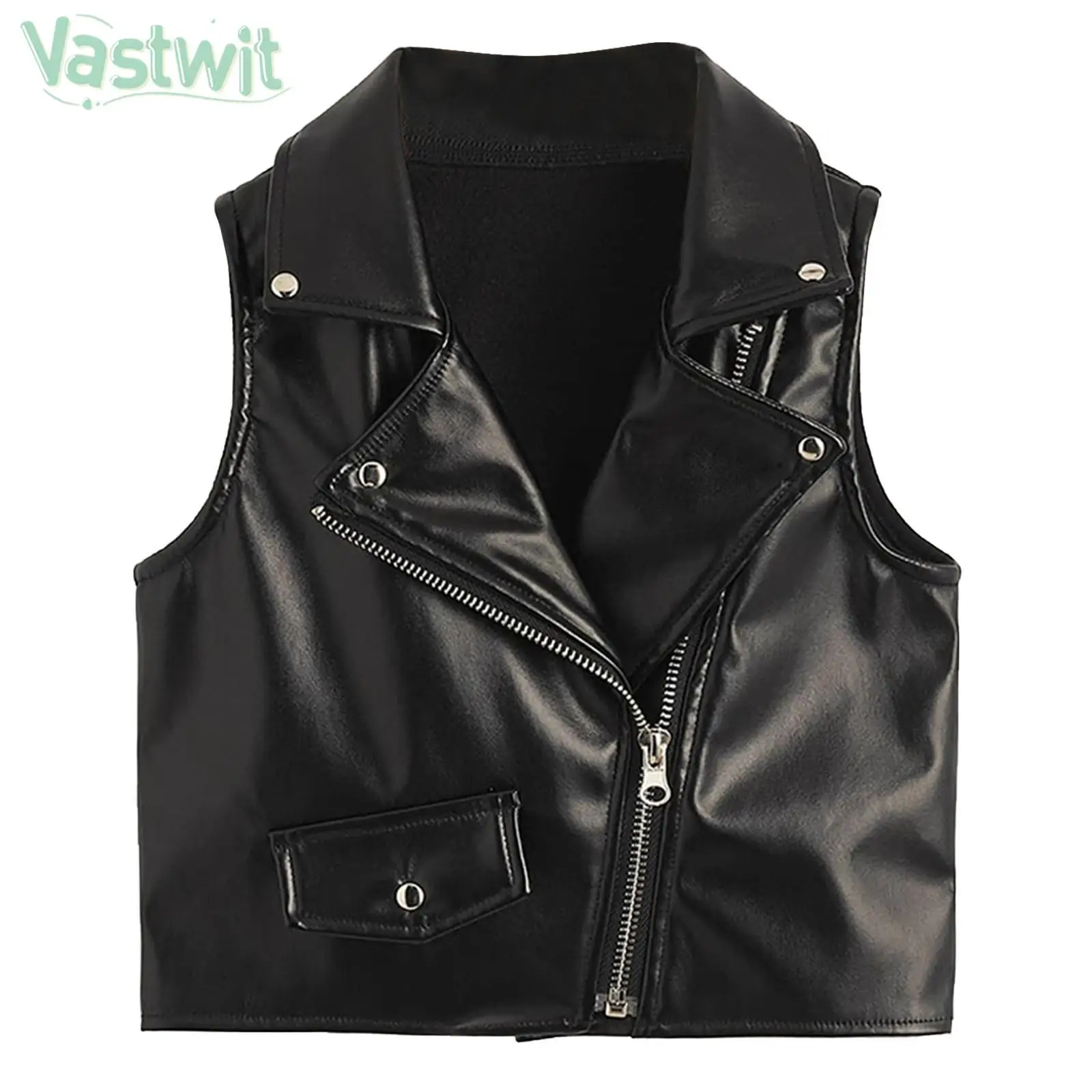 

Жилет из искусственной кожи в стиле панк для девочек, повседневная безрукавка на молнии с отложным воротником, куртка для дня рождения, Повс...