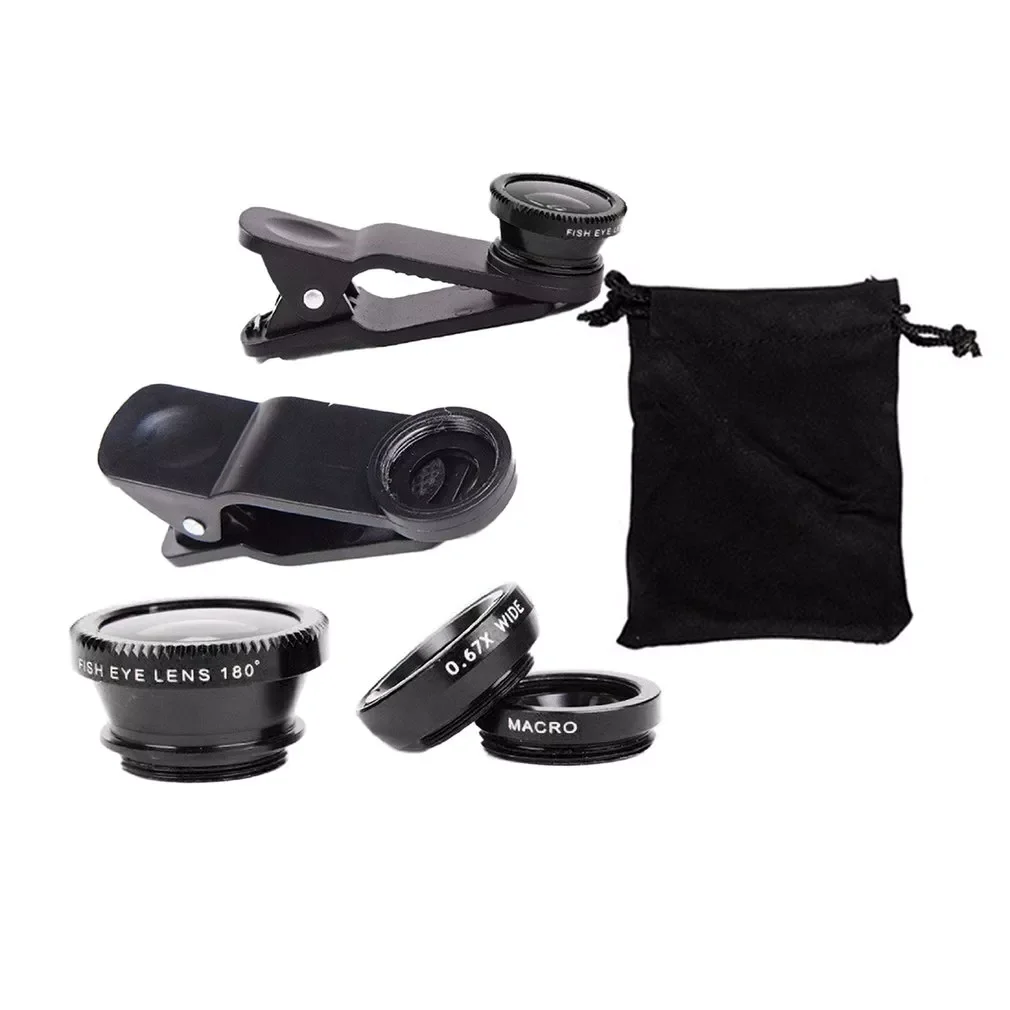 

Phone Lens 360 Degree Rotate Shark Tail Shaped Clip Photo Camera Lens Kits 180 Degree Fish Lens 0.65X Wide Angle 10X Macro Lens