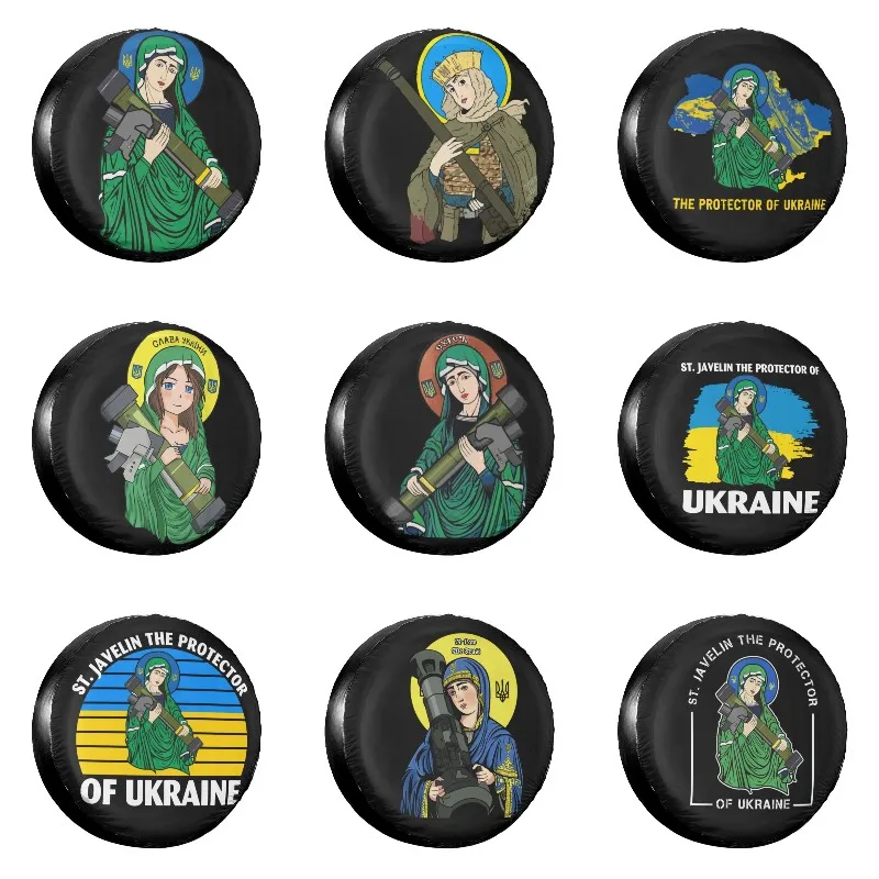 

St Javelin Spare Tire Cover Case Bag Pouch Saint The Protector of Ukraine Wheel Cover for Mitsubishi Pajero 14" 15" 16" 17" Inch