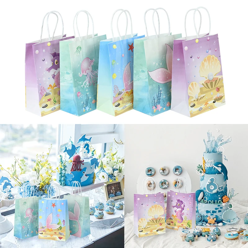 

5pcs Mermaid Tail Seahorse Gift Bags Cookie Candy Hand Tote Bag Underwater World Theme Birthday Party Supplies