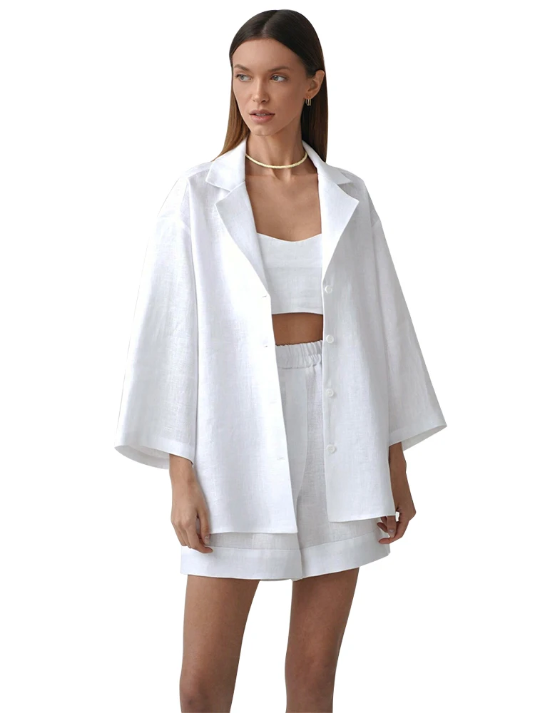 

Shorts Two Piece Sets Women Notched Neck Full Sleeve Top Outfits Summer New Fashion Solid High Street Loose Straight Shorts Suit