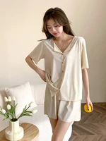 summer women cozy top and short 2pcs pajama sets gray white khaki black sleeping twinset comfort loungewear casual home clothes
