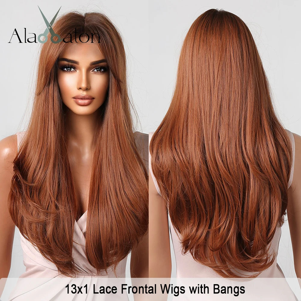 

ALAN EATON Red Brown Lace Frontal Wigs with Bangs Long Wavy Ginger Synthetic Layered Hair Wigs for Women T Part Lace Front Wigs