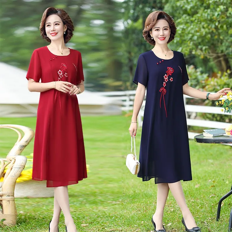 

Платье для матери летнее винтажное платье для женщин среднего и пожилого возраста шифоновое свободное платье с вышивкой в западном стиле