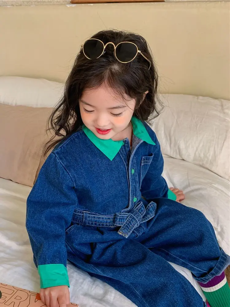 

Kids Denim Jumpsuit Spring Fashion Casual Turn Down Collar Long Sleeve Contrast Color Romper 2022 New Girls Tooling Jumpsuit