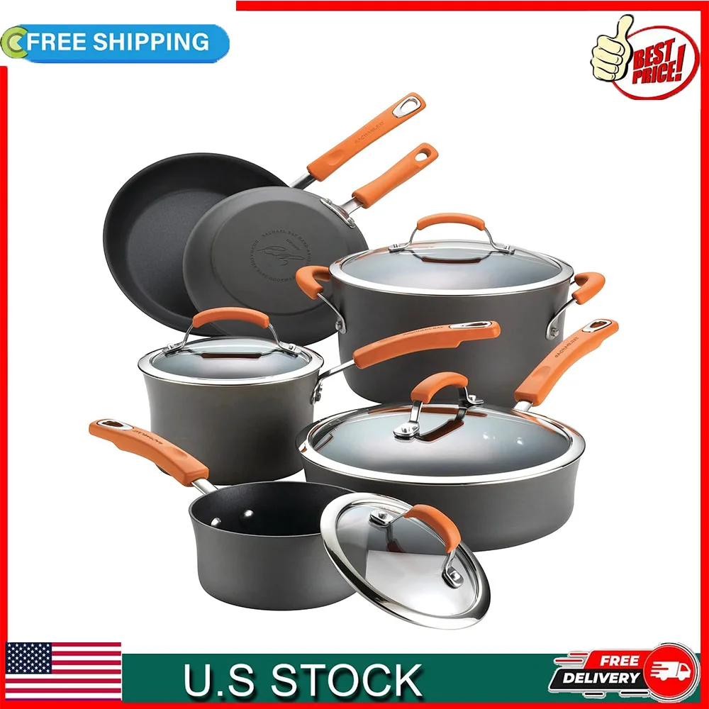 

Rachael Ray Brights Hard-Anodized Aluminum Nonstick Cookware Set with Glass Lids, 10-Piece Pot and Pan Set, Gray with Orange