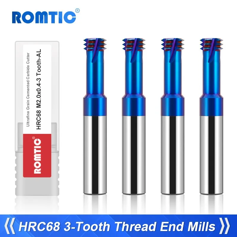 

ROMTIC HRC68 3-Tooth Blue Nano Coating Tungsten Steel Carbide Thread Milling Cutter CNC Mechanical Machining Center End Mill