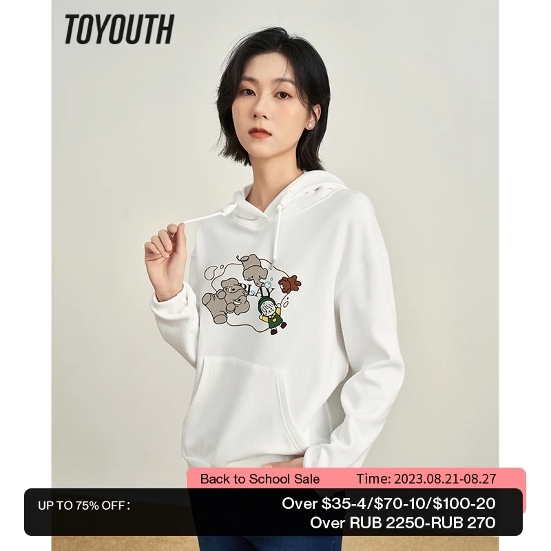 

Toyouth Women Hoodies 2022 Winter Long Sleeve Loose Fleece Sweatshirt Elephant Print Beige Green Casual Basic Warm Pullover
